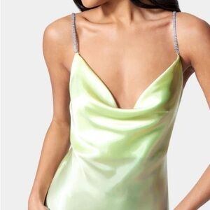 bebe Shimmering Green Mini Dress with Metallic Straps
